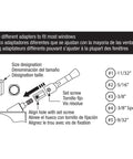 Universal Diecast Folding Crank Handle For Casement Windows White Finish diagram showing set screw and adapter sizes