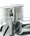 Close-up view of Rock Solid Replacement Flanged Cross Dowel Assembly Nuts compatible with Ikea Part 121114 for Sniglar Myllra cribs.