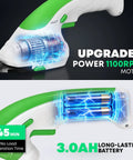 Close-up of 7.2V Cordless Hedge Trimmer And 2 In 1 Handheld Electric Shrub Trimmer with 3.0Ah rechargeable battery detail.