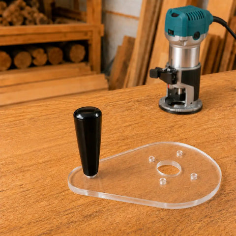Score Your Shop Upgrade With This Six By Nine Inch Clear Acrylic Router Base Plate Built Straight For Makita Compact Models Featuring Pre Drilled Mounting Holes And Three Eighth Inch Thickness For Rock Solid Precision Woodworking on a wooden table with a router.