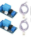 Two Pack 12V Latching Relay Modules For Home Automation And DIY Projects, 10A AC/10A DC Load, 250V Rating, 300mm Lead Wires, Compact 50x25.5x19mm Size, Ideal For Lamps, Appliances, Electronics And Small Motors. Two blue relay boards with lead wires and probe