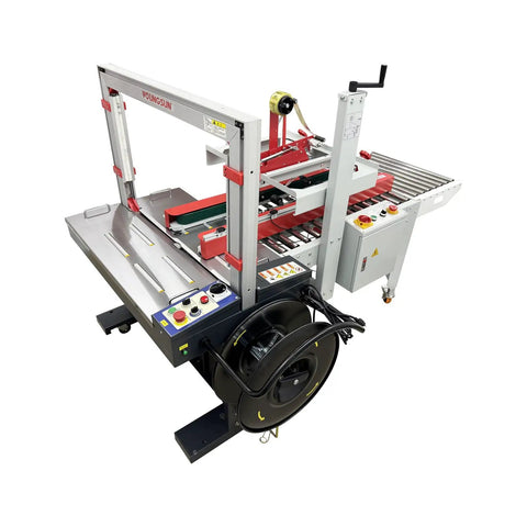 Auto Carton Sealing And Strapping Machine 2-In-1 Industrial Box Packaging Tapper With Polypropylene Strap Winder Adjusting 120-500 Mm Width.