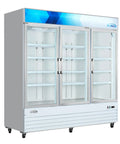 Heavy Duty Triple Glass Door Upright Freezer Merchandiser In Crisp White 52 Cubic Feet with Three Glass Doors and Interior Shelves