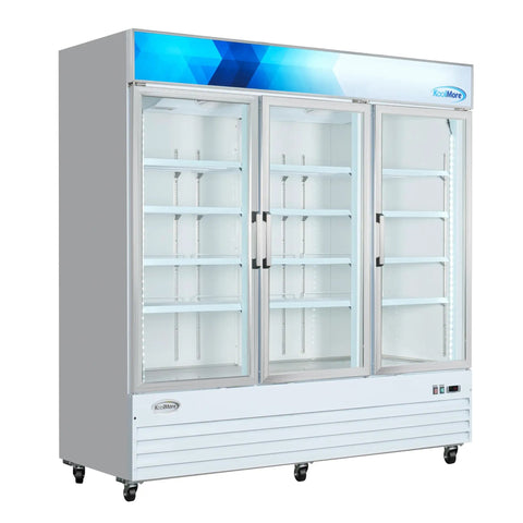 Heavy Duty Triple Glass Door Upright Freezer Merchandiser In Crisp White 52 Cubic Feet with Three Glass Doors and Interior Shelves