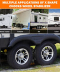 Heavy Duty X Shape Wheel Chocks For RVs And Travel Trailers With Wrench Anti Move Pair Stabilizers shown installed on dual tires