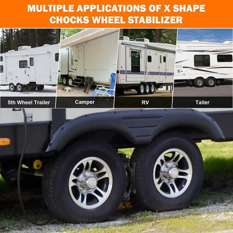 Heavy Duty X Shape Wheel Chocks For RVs And Travel Trailers With Wrench Anti Move Pair Stabilizers shown installed on dual tires