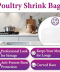 150 Piece Poultry Shrink Bag Kit With Heavy Duty Zip Ties, 13X18 Inch Clear Heat Seal Wrap, Freezer Safe Food Grade Plastic Pouches shown in kitchen.