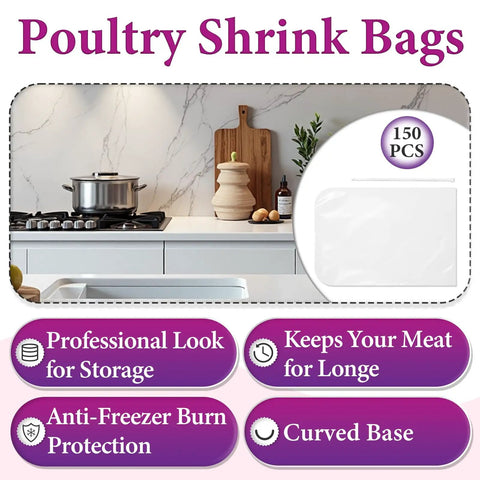 150 Piece Poultry Shrink Bag Kit With Heavy Duty Zip Ties, 13X18 Inch Clear Heat Seal Wrap, Freezer Safe Food Grade Plastic Pouches shown in kitchen.