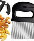 Hendiy Crinkle Cutter with stainless steel blades and black plastic handle; front view of waffle fry slicer.