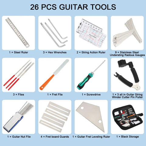 All In One 26 Piece Guitar Setup and Repair Kit with Carry Bag for Guitar Ukulele Bass Mandolin Banjo Tools displayed