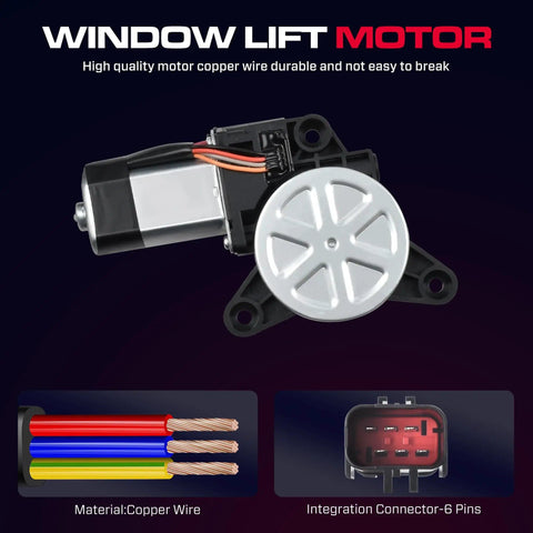 Front Driver Side Power Window Regulator With Motor 6 Pins For 2008-2016 Town And Country, 2008-2020 Dodge Grand Caravan, 2012-2015 Ram CV Replacement, Easy Install Window Regulator Assembly showing motor and connector details.