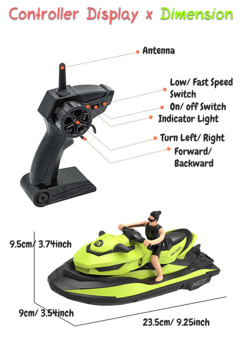 High Speed Dual Motor RC Motorboat With 2.4 GHz Remote, 10 Km/H Top Speed, 50 M Range, Green with detachable driver figure