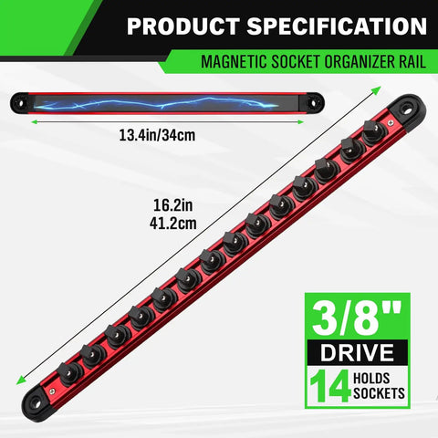 Heavy Duty Three Eighth Inch Magnetic Socket Organizer Rail With Aluminum Alloy Construction, 14 Clips, Red, product specifications.