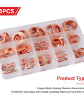 Copper Crush Washers Set, 150 Piece Metric M5 To M22 Assortment With 15 Sizes in storage case, used for sealing in automotive.