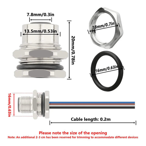 Dimensions and components of Industrial M12 A Coded 4 Pin Female Field Wireable Connector with 16mm rear mount