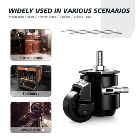 Easy Peasy Height Adjustment Solid As A Rock Heavy Duty Swivel Casters Set Of Four Adjustable Workbench Stem Wheels With Ratchet Handle for kitchen island and toolbox.