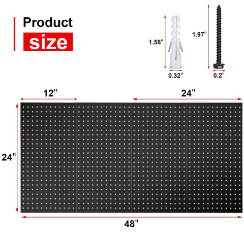 4 Pack Metal Pegboard Panels 24x12 Inches For Wall And Workbench Use, Heavy Duty Peg Boards For Garage Tools, Workshop Storage, Black
