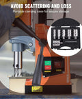 Front view of orange magnetic drill press with six-piece annular cutter set in a portable case
