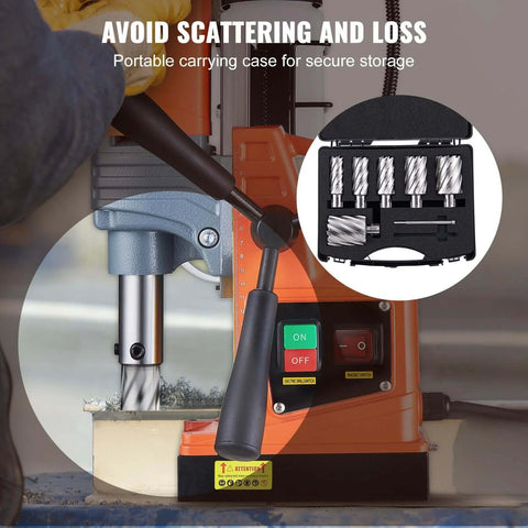 Front view of orange magnetic drill press with six-piece annular cutter set in a portable case