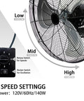 Close-up of Two Pack 20 Inch Wall Mount Fan With Beefy 7100 CFM Airflow Industrial Oscillating Fans 3 speed control dial