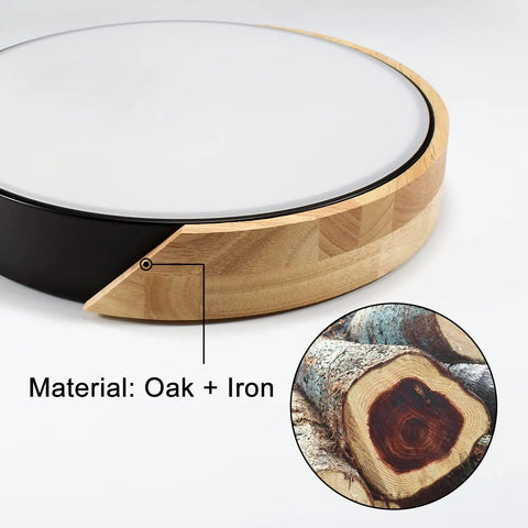 Close-up of Round Wood Grain Black Flush Mount Ceiling Light 12 Inch 24W LED Fixture, highlighting oak and iron materials.