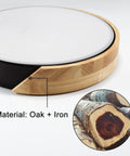 Wood Round Flush Mount Ceiling Light 12 Inch 24W Not Dimmable Natural White 4500K LED Fixture detail showing oak and iron materials.