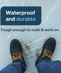 Heavy Duty Carpet Protection Film Self Adhesive Plastic Rug Protector For Stairs And Floor Runners Keeps Rug Safe From Paint Water And Dirt Puncture Resistant Sticky Shield Roll 24x200 Feet showing waterproof and durable features with boots standing on it
