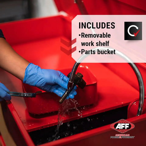 Heavy Duty 40 Gallon Parts Washer With 22 Gal Tank Capacity And Flexible Spray Wand No Nonsense Shop Beast For Cutting Through Grease On Tools And Vehicle Parts Includes Shelf Basket And Scrub Brush, showing removable work shelf and parts bucket.