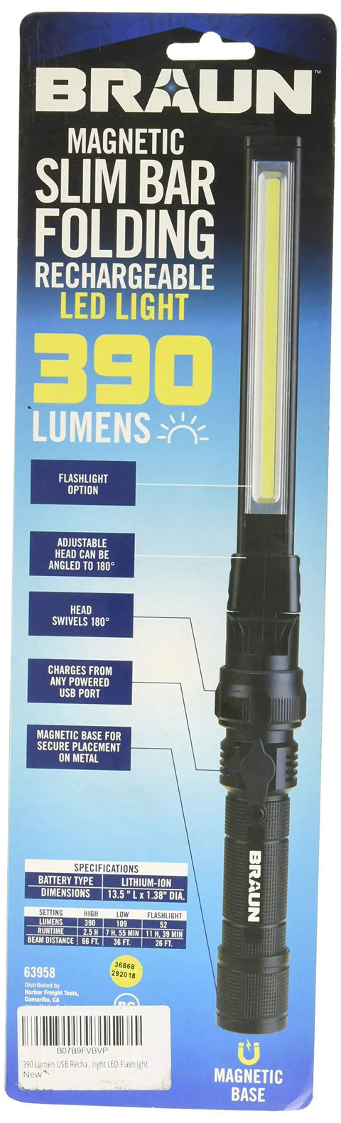 USB Rechargeable Work Light With 390 Lumens in retail packaging, features slim bar design and magnetic base.