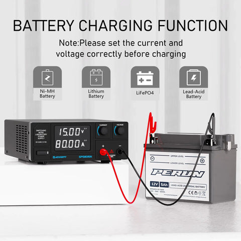 Rock Solid Pro Grade Bench DC Power Supply 0-80V 0-15A 1200W Switching Regulated With Encoder Knobs, 4 Digit LED Display, Temperature Controlled Fan, Aux Output Terminal For Flexible Lab Or DIY Power. Battery charging setup with lead-acid battery