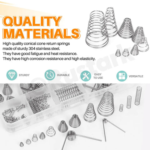 Stainless Steel Conical Compression Spring Set 123-Piece 10-Size Assortment Kit With Tapered Small Springs display and box.
