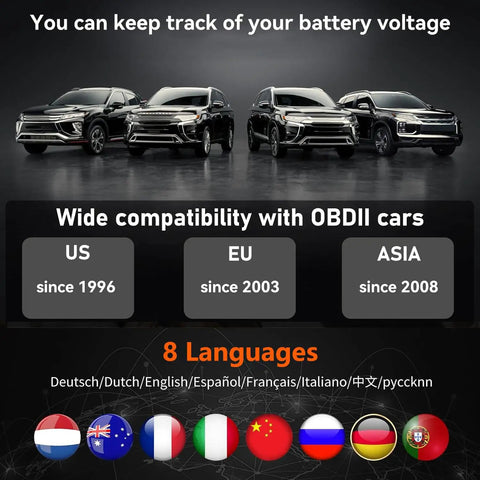 Wide vehicle compatibility for OBD2 Scanner Car Code Reader For Diagnostics And Troubleshooting, since 1996, in 8 languages