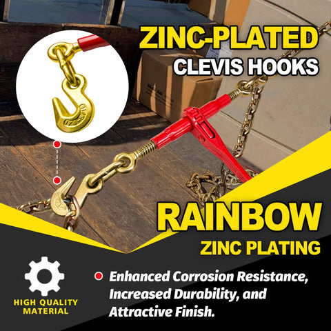 Heavy Duty Ratchet Chain Binder One Quarter To Five Sixteenths Inch, 2 Pack With Clevis Hooks, 2,600 Lbs Working Load