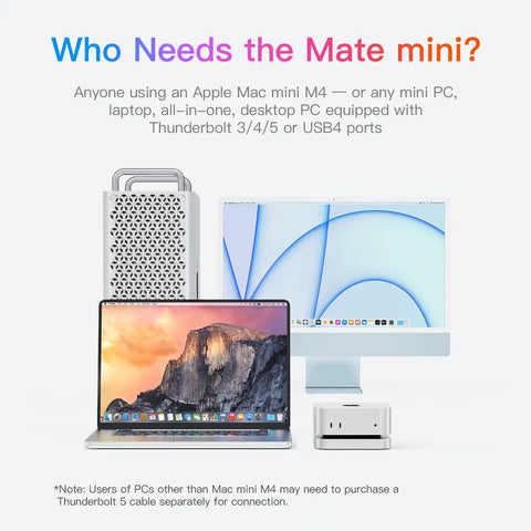 Kickin 2TB NVMe Dock For Mac Mini M4 With Hella Fast 80Gbps USB C Hub shown with MacBook, monitor, and additional devices.