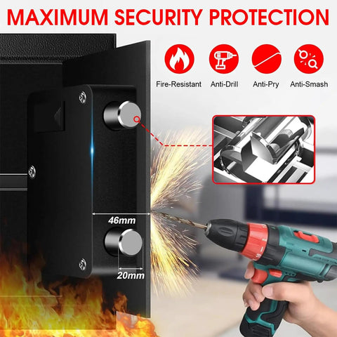 Compact Fireproof Safe For Home Use With Digital Keypad 1.2 Cu Ft Removable Shelf, drill resistance demonstration