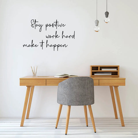 9 Pcs Vinyl Wall Decals With Inspirational Quotes Removable Motivational Sayings Peel And Stick For School Classroom Home Office Black Font Classic Decor on wall behind desk and chair