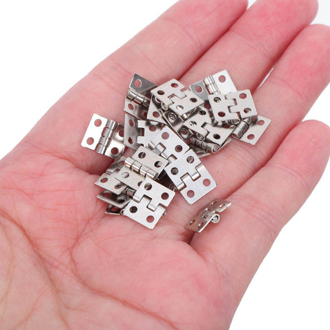 Mini Metal Hinge Set For Dollhouse Furniture And Jewelry Boxes, 10x8mm With Screws, Silver Tone, 100 Pieces, in hand