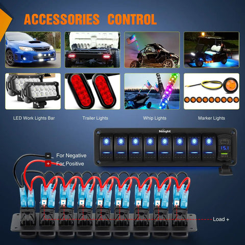 8 Gang Rocker Switch Panel With PD Type C USB Charger Voltmeter 12V SPST On Off Toggle Switches Blue Backlit Waterproof