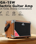Side view of Portable 15W Guitar Amp With Bluetooth Built In Looper And Drum Machine 8 Voices FX Effects Aux OTG showing features.