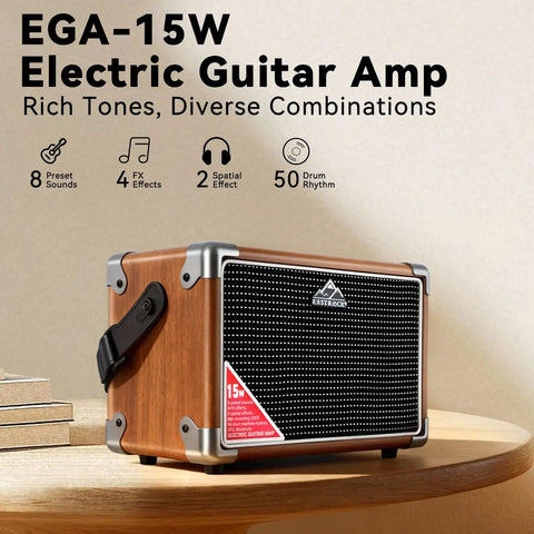 Side view of Portable 15W Guitar Amp With Bluetooth Built In Looper And Drum Machine 8 Voices FX Effects Aux OTG showing features.