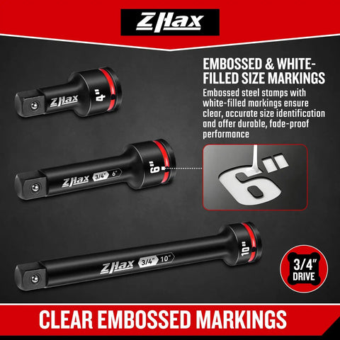 Three Quarter Inch Drive Impact Extension Bar Set With 4 Inch 6 Inch And 10 Inch Lengths, CR-MO Steel Socket Extensions For Auto And Industrial Repair, Durable Embossed Size Markings For Quick Reading And Easy Use, 4, 6, 10 in