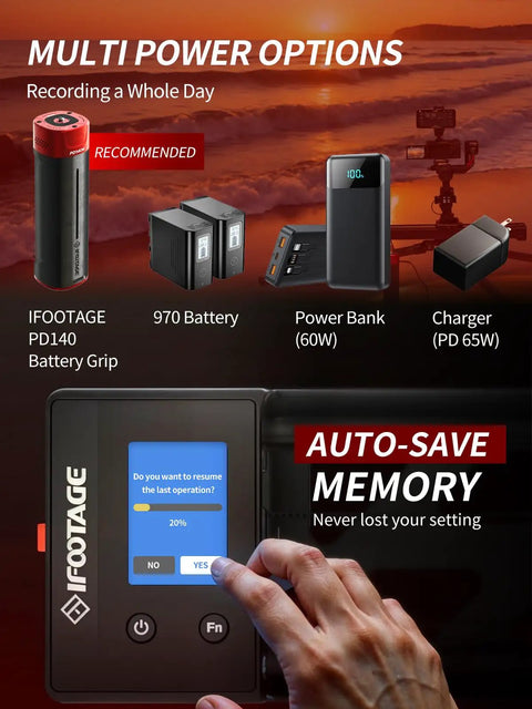 Shark Slider Nano II 860 Motorized Camera Slider power options and auto-save memory display