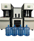 Semi Automatic Bottle Blowing Machine Customizable Molds For Home And Business Packaging with three blue water bottles.