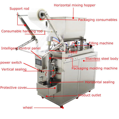 Automatic Pneumatic Paste And Liquid Filling Machine With Stainless Steel Horizontal Mixing Hopper For Sauces Oils Honey And Condiments 10 To 100 ML showcasing detailed machine components.