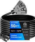 50 Ft Outdoor Extension Cord With Three Outlets Waterproof Heavy Duty 16 Gauge Three Conductor SJTW 3 Prong Grounded Power Cable For Garden And Home Tools ETL Listed Great For Lawn Mowers Holiday Lights And All Outdoor Gear