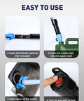 SMART JERRY battery-operated fuel transfer pump infographic showing 4 steps: install batteries, insert intake hose, insert nozzle, switch on.