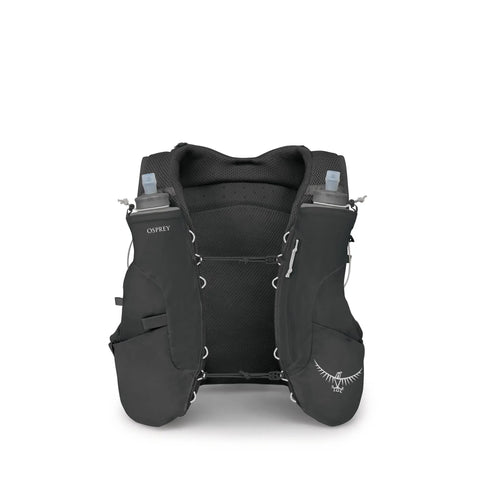Front view of Duro 1.5L Mens Running Hydration Vest With Hydraulics Soft Flasks Breathable Mesh No Bounce Fit in black medium.