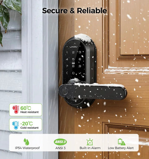 Secure Your Pad With This Beefed-Up Smart Lock And Keypad Handle on a door with snow, showcasing keypad and handle features.