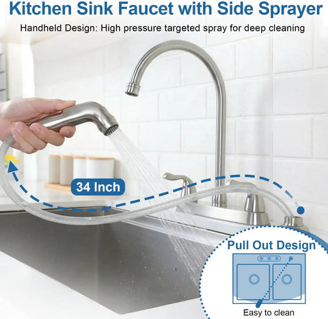 High Arc Kitchen Faucet With Side Sprayer 13 Inch Tall Spout 360 Degree Rotating Two Handle 8 Inch Centerset Brushed Nickel Finish