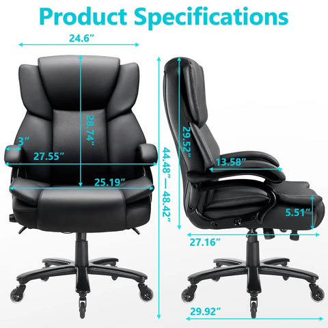 Big And Tall Office Chair 500 Lb Capacity Heavy Duty Desk Chair With High Back Breathable Leather, specifications shown